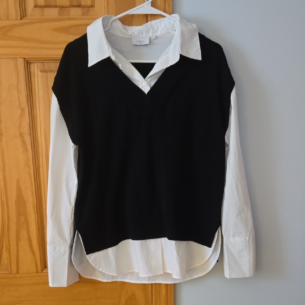 Layered Look Black Sweater Vest with White Shirt
